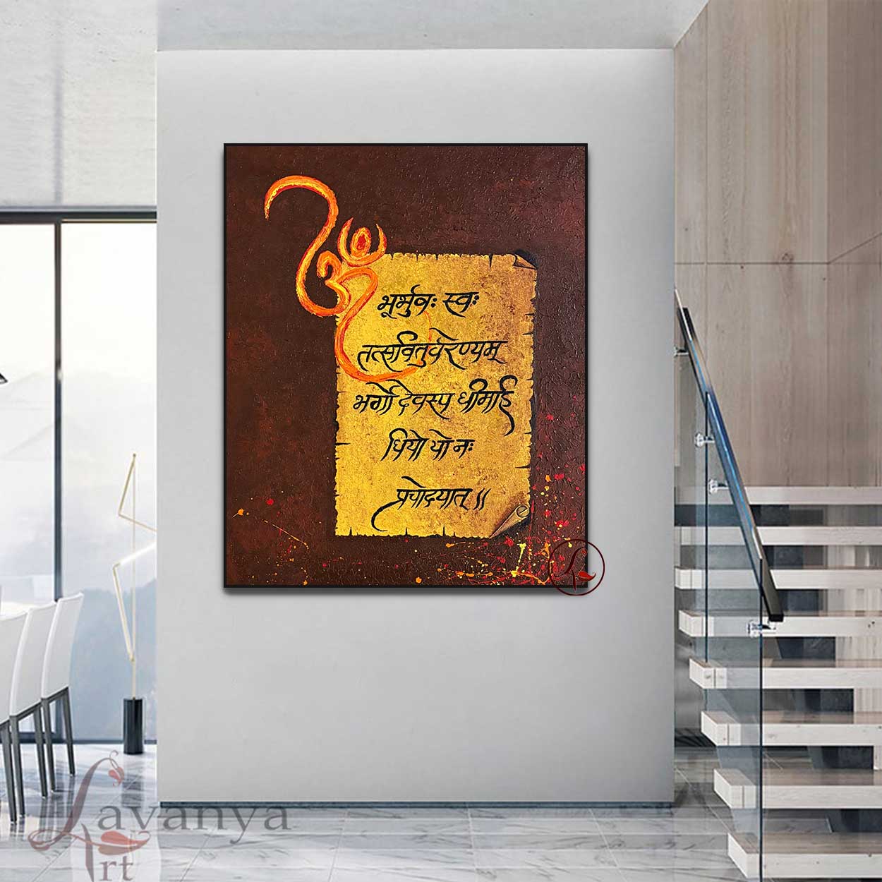Original Gayatri Mantra canvas art inspired by Hindu spirituality. A modern handmade painting that brings peace, devotion, and positive energy.