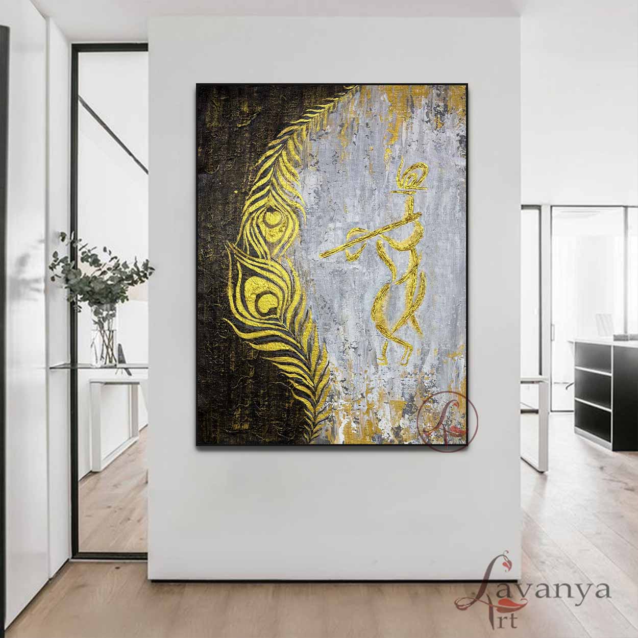 Handmade Hindu God Krishna painting with spiritual elegance and textured acrylic finish.