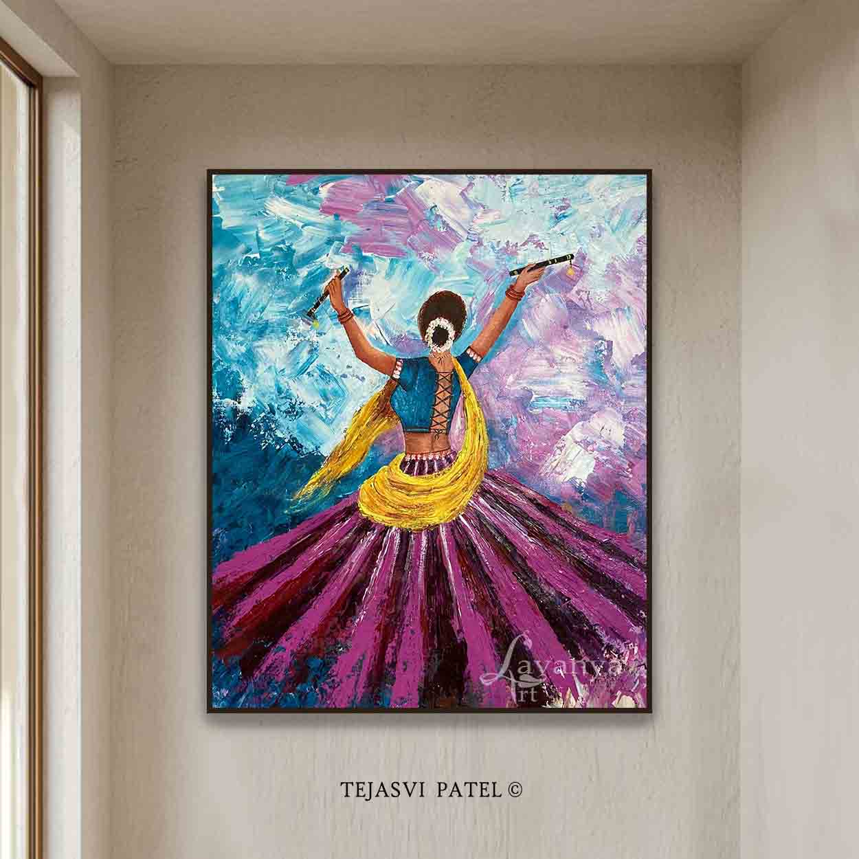 Original Rajasthani Woman & Ghoomar Dance Wall Art by Tejasvi Patel at Lavanya Art Studio. Handmade textured Indian paintings for contemporary interiors.
