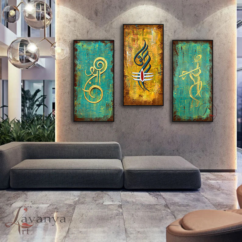 Modern Ganesha,krishna,Shiva painting |Set of 3 Abstract Indian Art