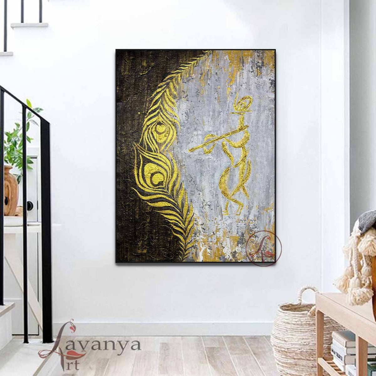 Handmade Krishna canvas painting with palette knife textures and contemporary Indian style.