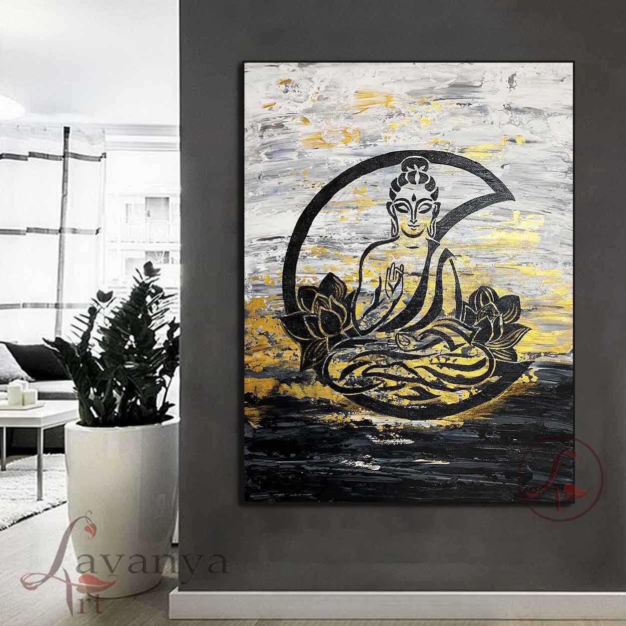 Original Buddha Indian art by Tejasvi Patel of Lavanya Art Studio adds peace, timeless beauty, and grace to luxurious contemporary interiors.