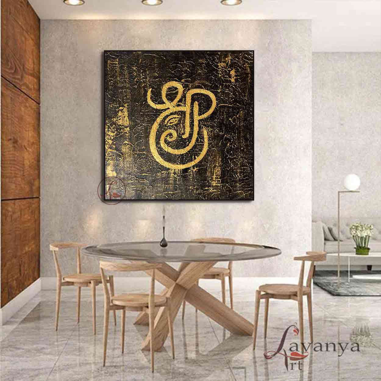 Large handmade Ganesha painting with bold textures for living room wall decor.