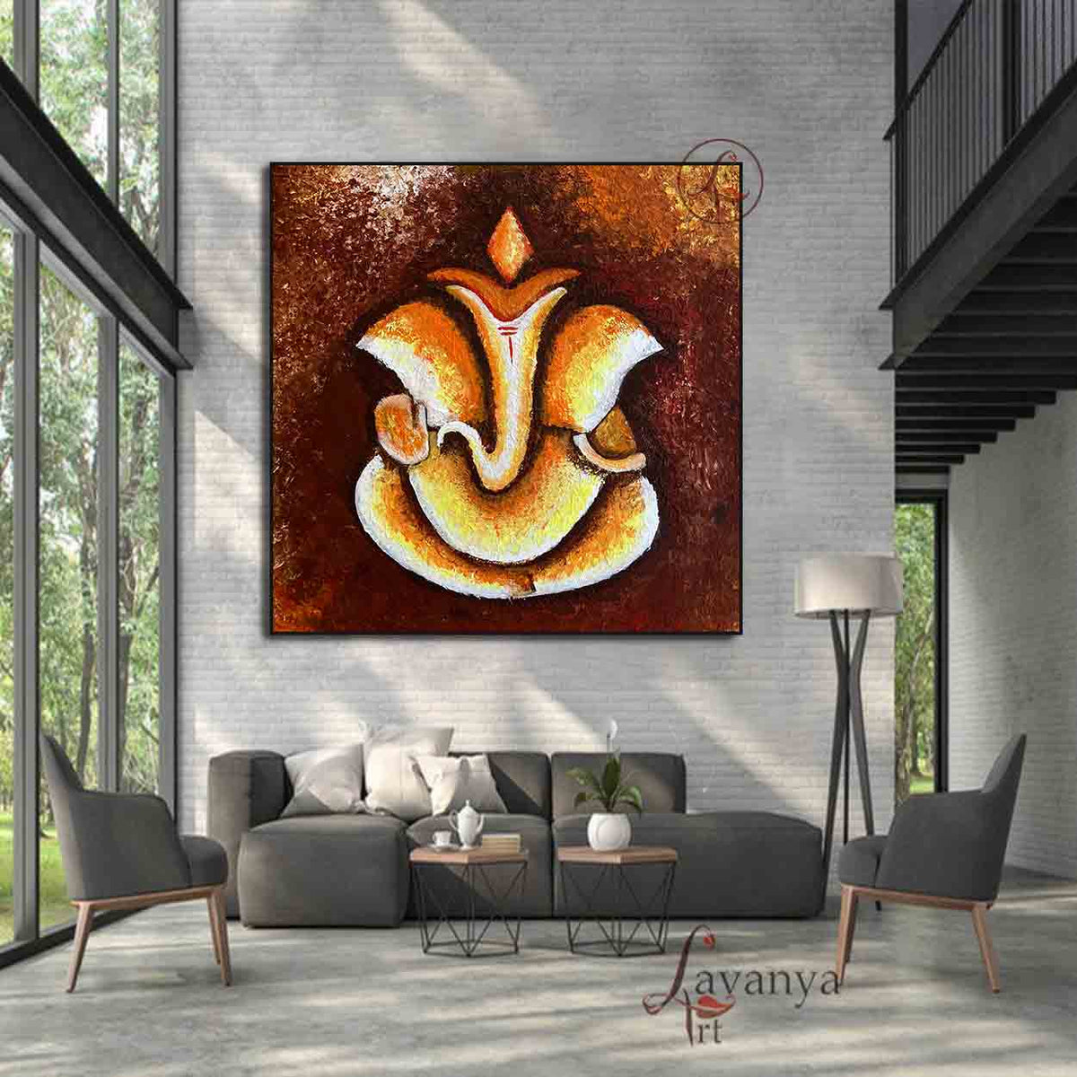 Large handmade Ganesha painting with bold textures for living room wall décor.
