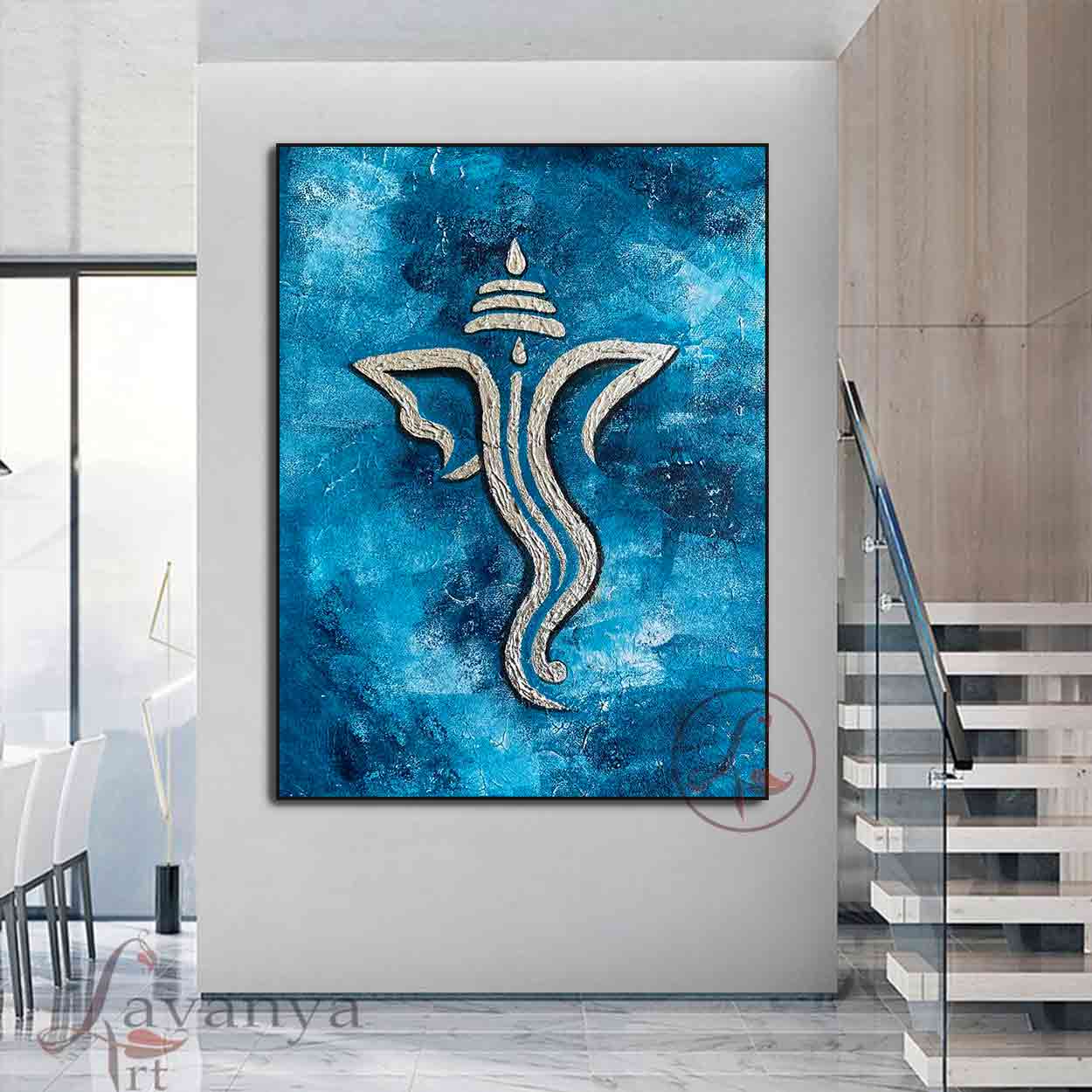 Blue Gold Ganesha Art | Handmade Indian Canvas Painting