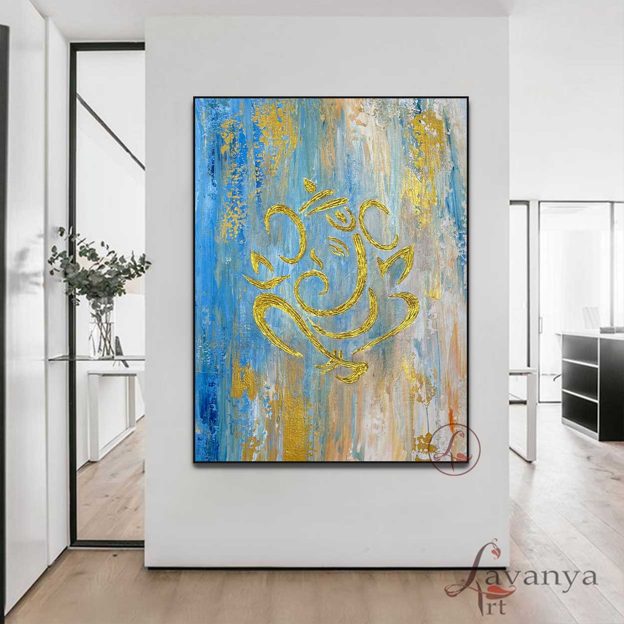 Luxury handmade Ganesha wall decor painting with textured finish for premium interiors.