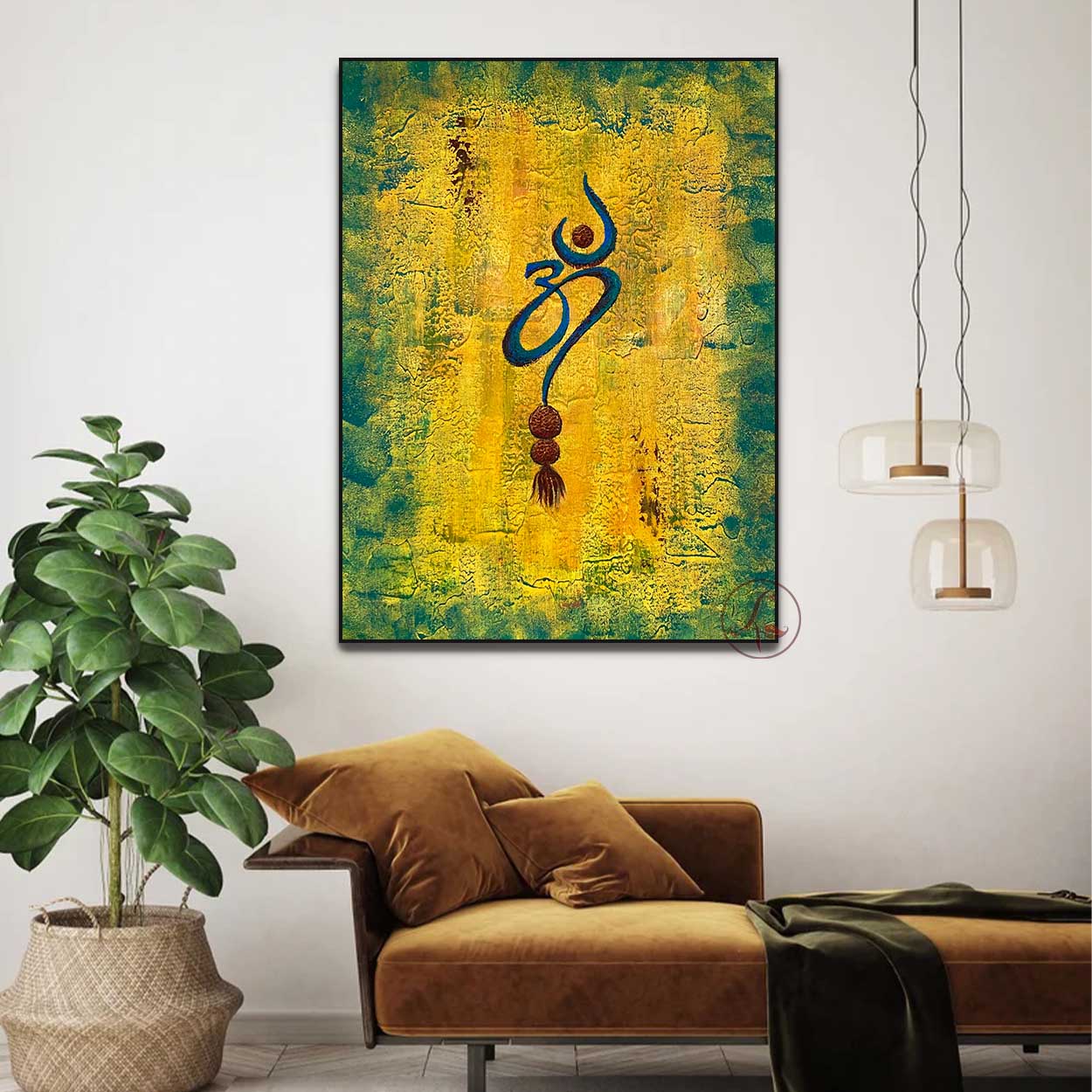Luxury spiritual Om wall art handmade with textured acrylics and elegant gold accents.