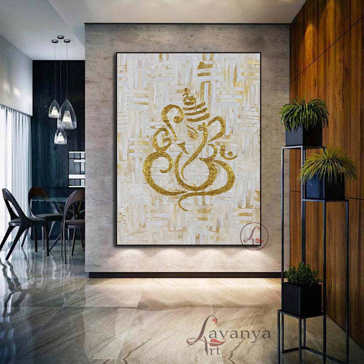 Minimalist abstract Ganesha painting for modern homes, handmade by Tejasvi Patel.