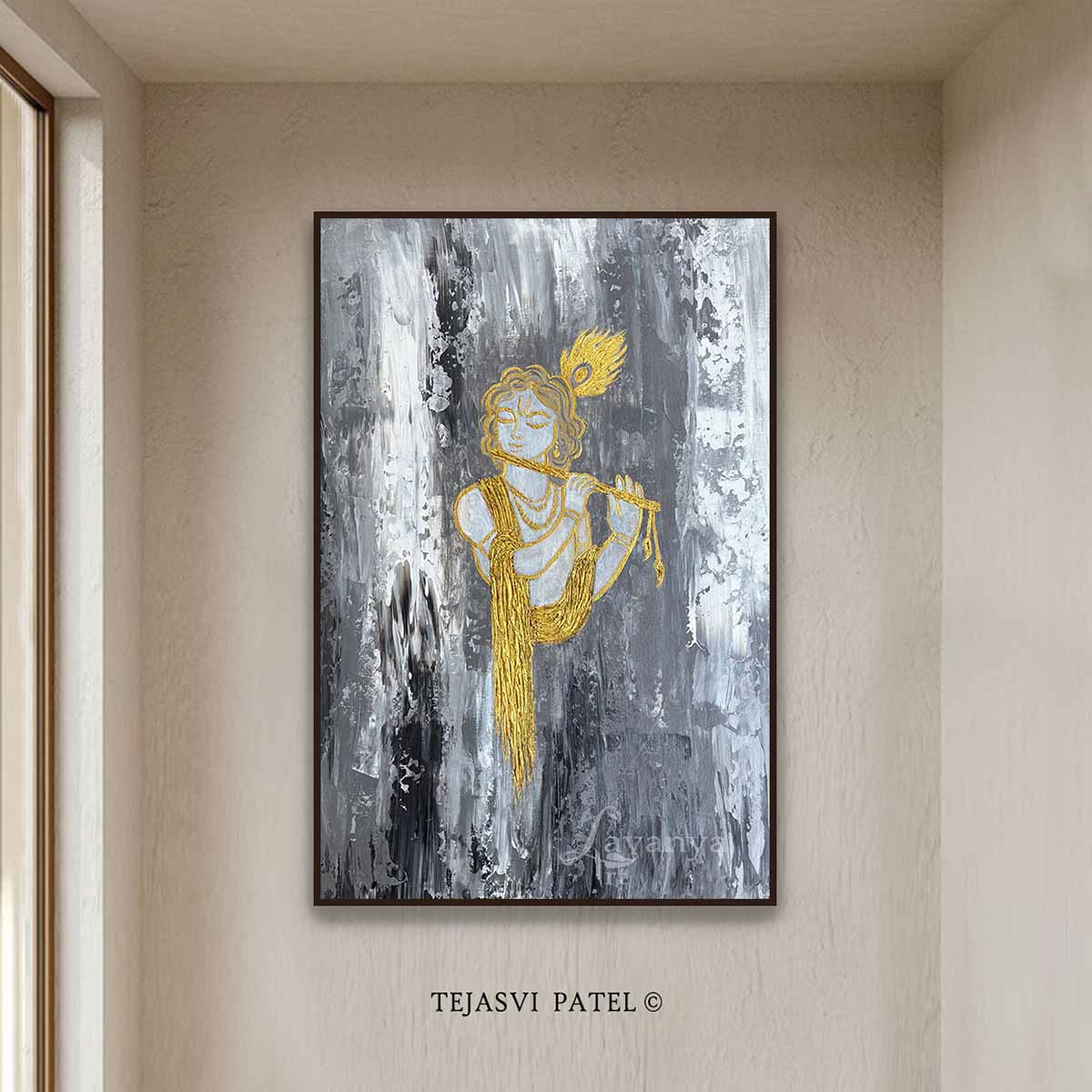 Minimalist Krishna painting with abstract composition and elegant handmade textures.
