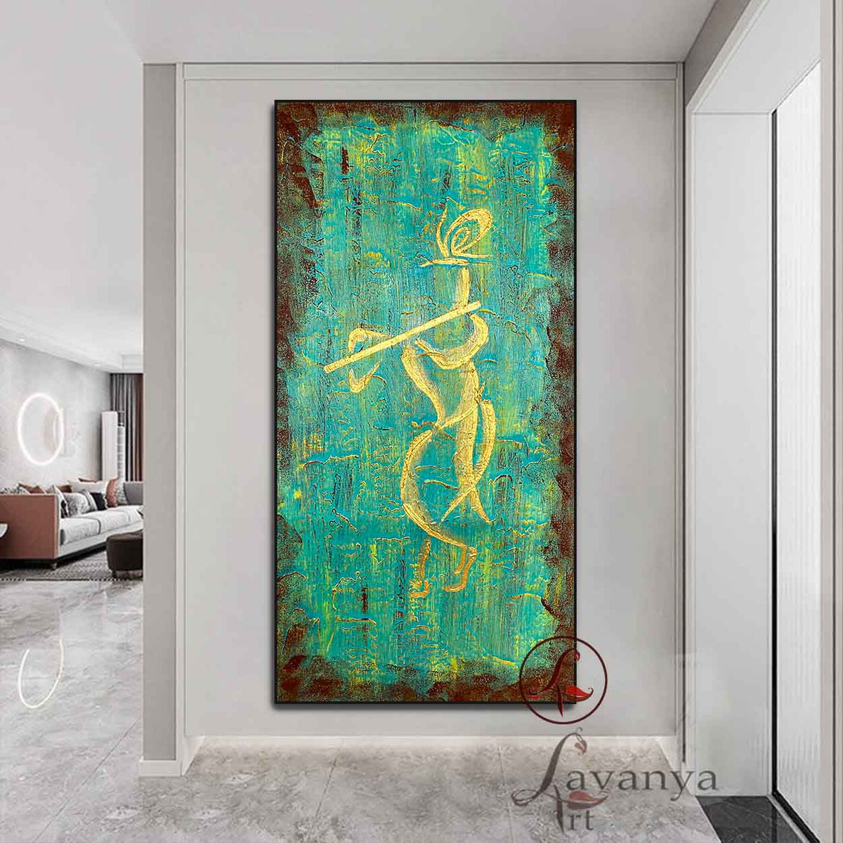 Minimalist Krishna painting with abstract composition and elegant handmade textures.