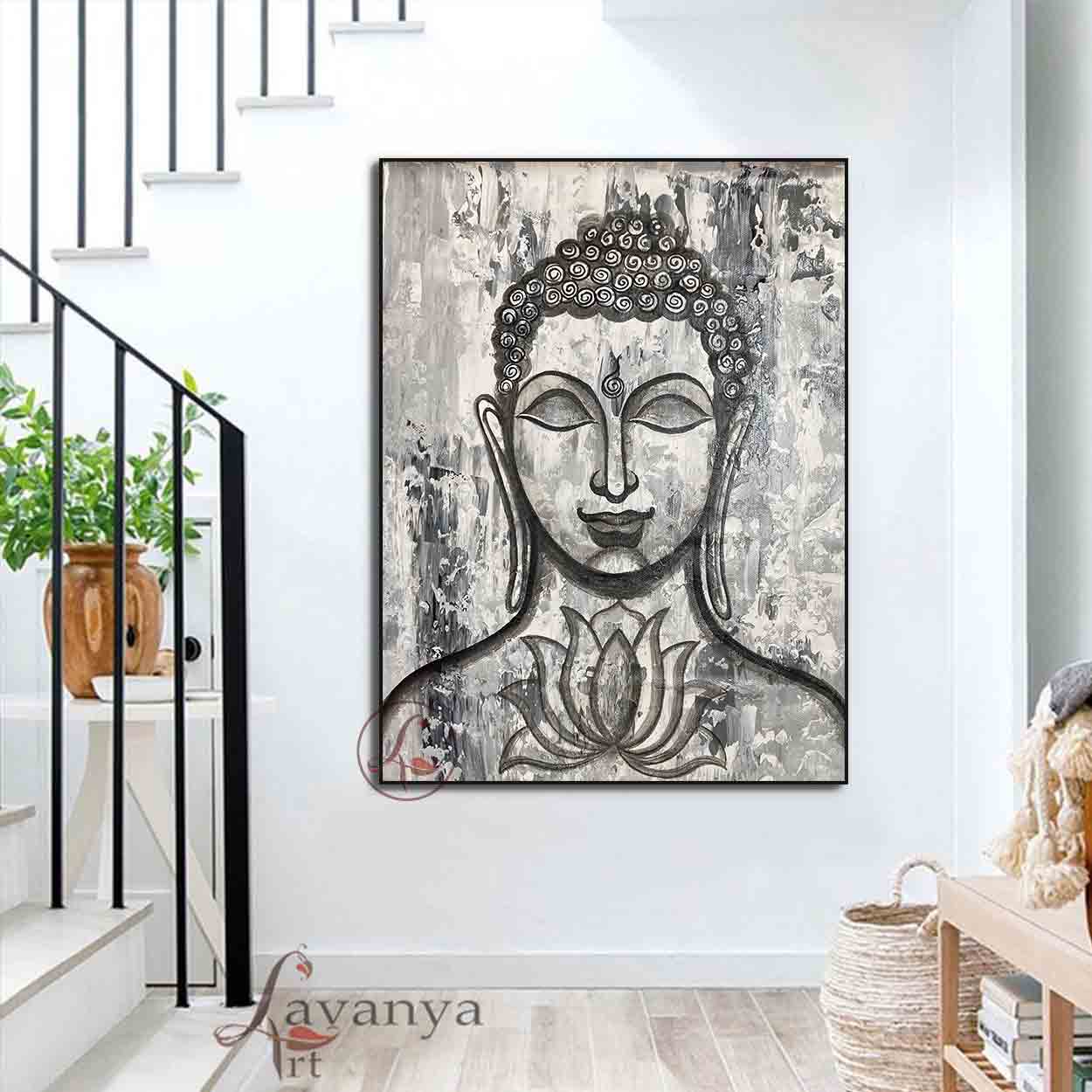 Handcrafted Buddha Indian art by Tejasvi Patel at Lavanya Art Studio is designed to elevate luxurious contemporary interiors with spiritual charm.