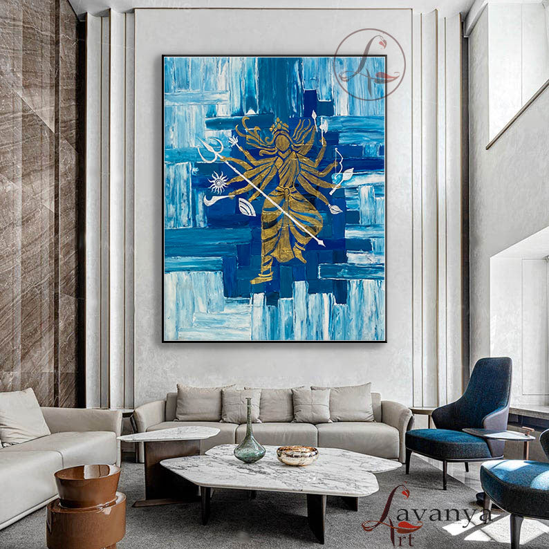 Modern Durga Maa painting handcrafted with premium acrylic textures for luxury Hindu wall décor and spiritual interiors.