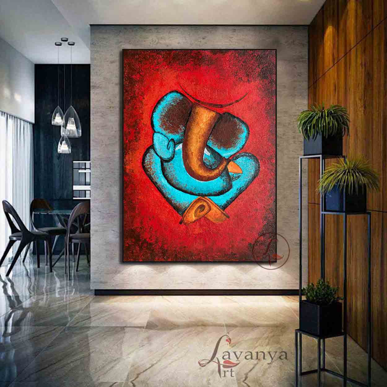 Modern handmade Ganesha painting featuring textured acrylic artwork for luxury Hindu home décor by Tejasvi Patel.