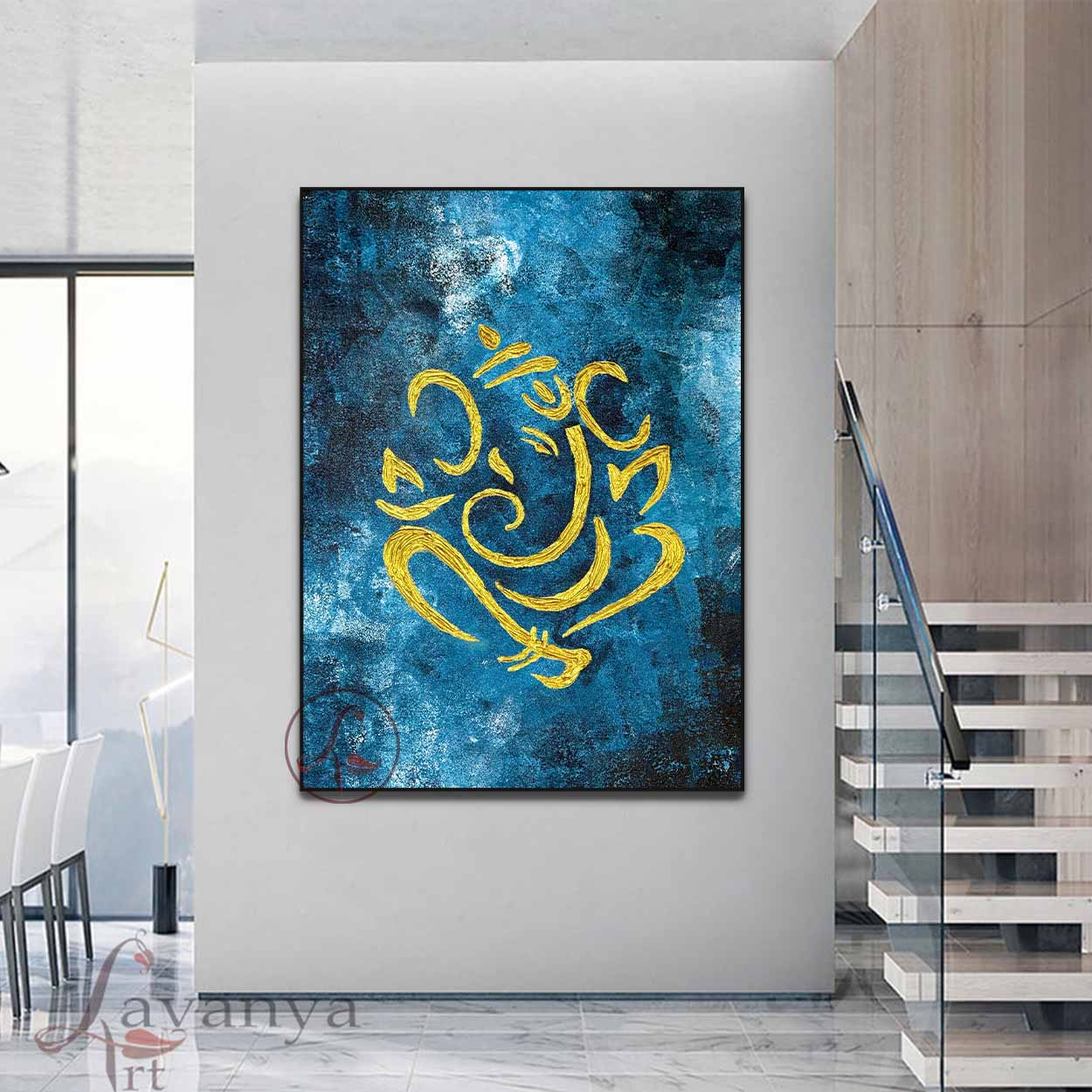 Modern handmade Ganesha painting featuring textured acrylic artwork for luxury Hindu home décor by Tejasvi Patel.