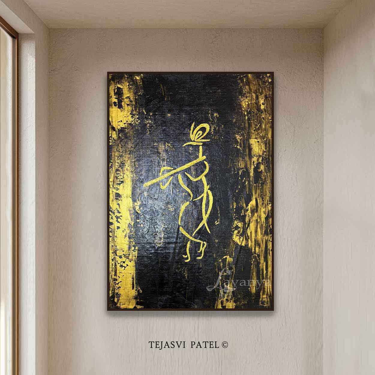 Modern Krishna painting handcrafted with rich textures for luxury Indian home décor by Tejasvi Patel.