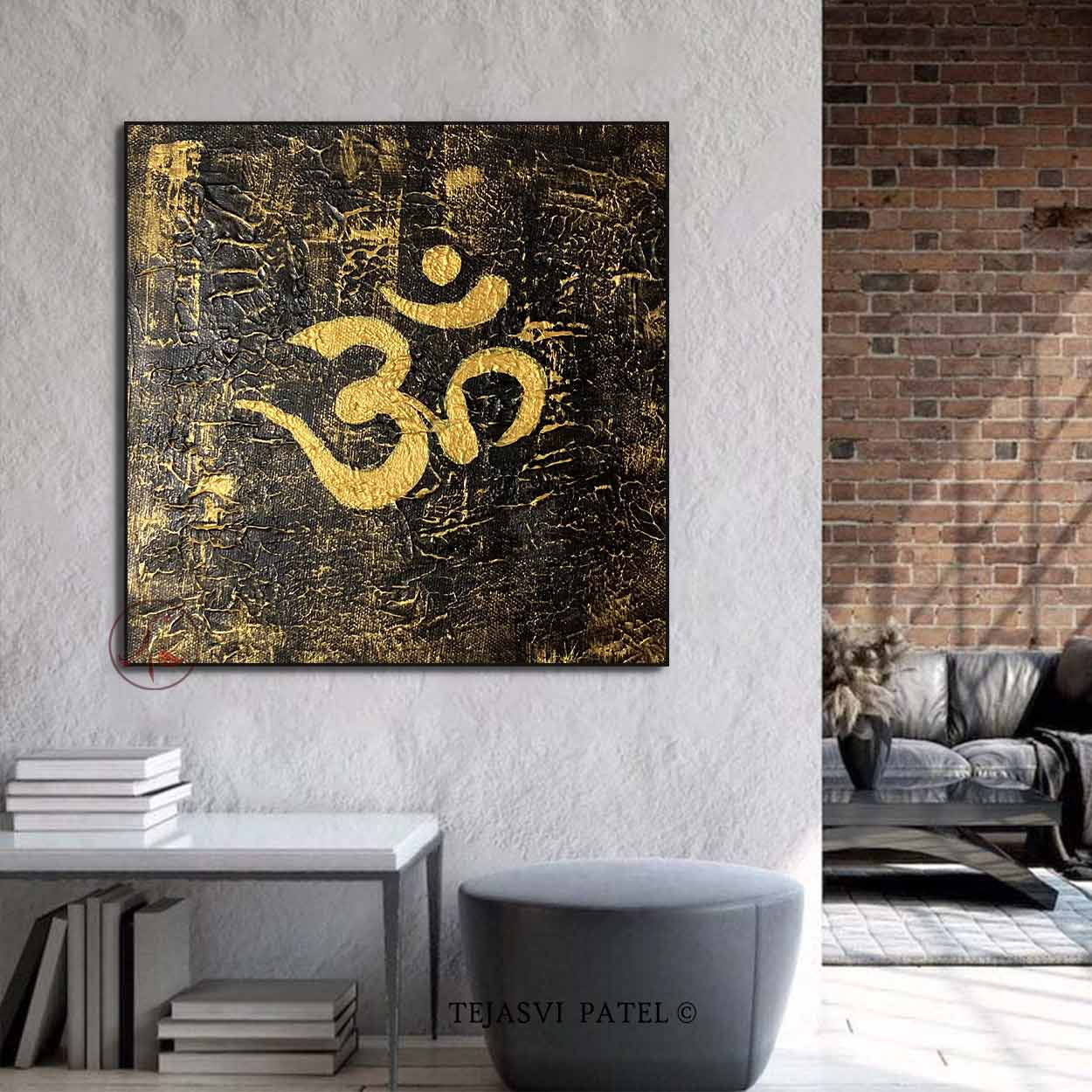Modern Om painting handcrafted with premium acrylic textures for luxury spiritual wall décor.