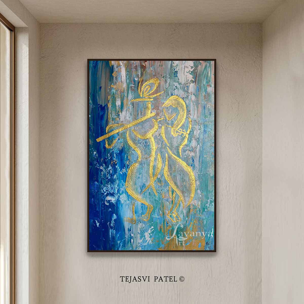 Handmade Radha Krishna artwork by Tejasvi Patel at Lavanya Art Studio, blending spiritual beauty, rich textures, and timeless Indian tradition.