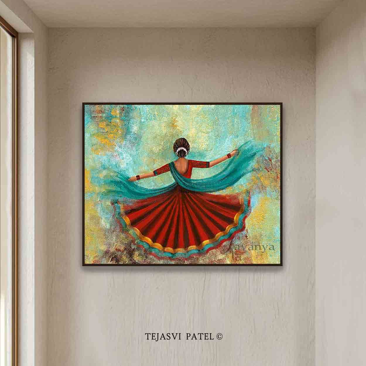 Original Rajasthani Woman & Ghoomar Dance Wall Art by Tejasvi Patel at Lavanya Art Studio. Handmade textured Indian paintings for contemporary interiors.