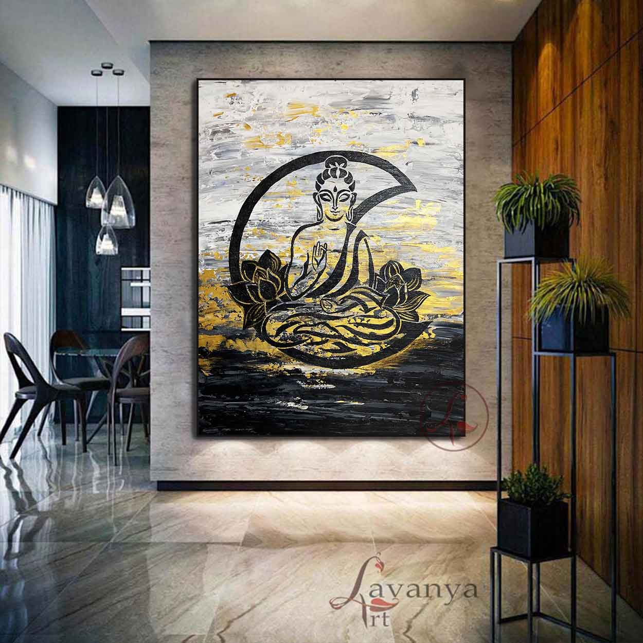 Handcrafted Buddha Indian art by Tejasvi Patel at Lavanya Art Studio is designed to elevate luxurious contemporary interiors with spiritual charm.