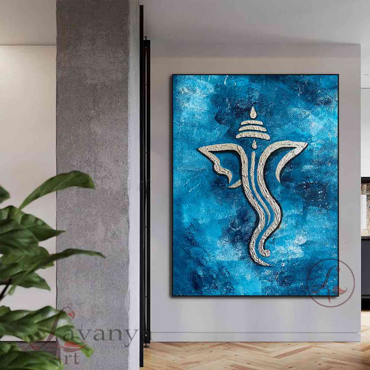 Blue Gold Ganesha Art | Handmade Indian Canvas Painting