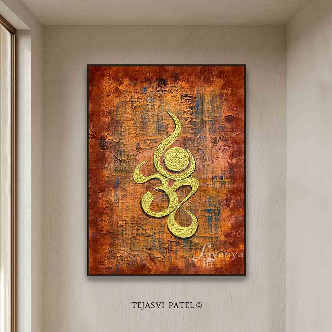 Modern Om painting blending abstract painting, textured art, and canvas acrylic painting. Handmade Indian art inspired by sacred Hindu art.