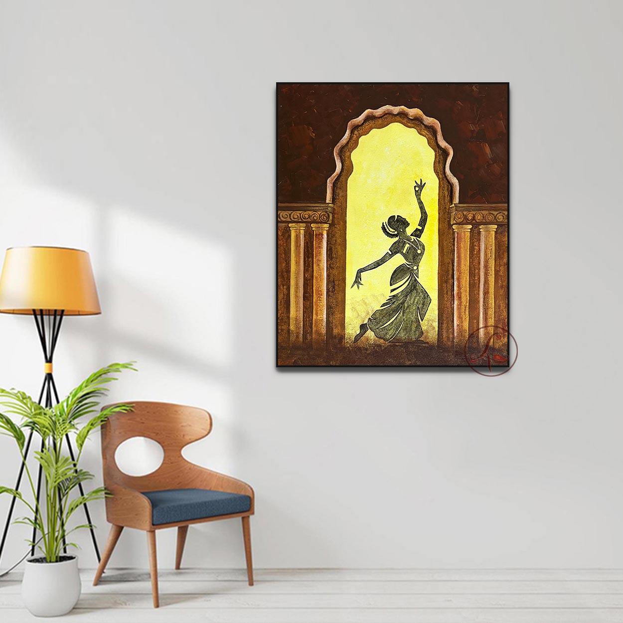 Modern Bharatanatyam canvas painting by Tejasvi Patel. Abstract Indian woman wall art inspired by classical dance and contemporary design.