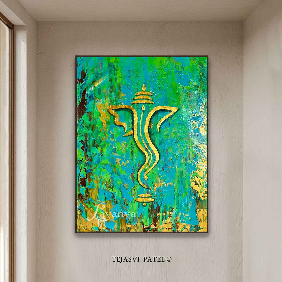 Discover original abstract Ganesha painting by Tejasvi Patel at Lavanya Art Studio, handcrafted Indian art that brings elegance, peace, and positive energy.