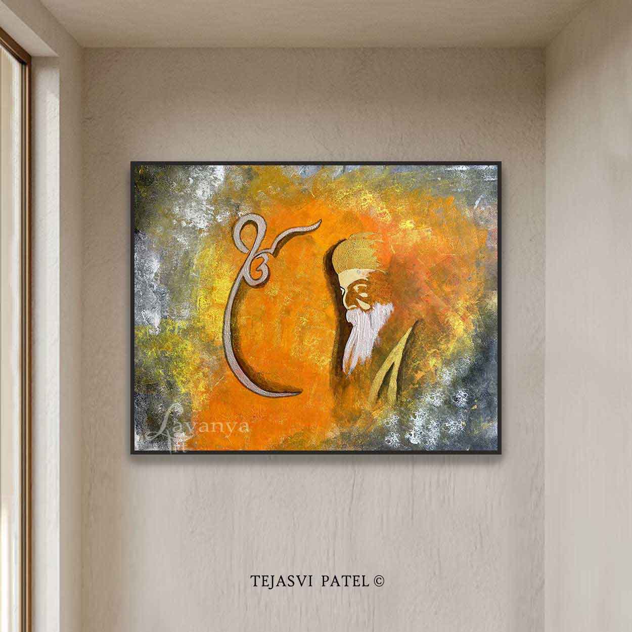 Discover abstract sikh art featuring Guru Nanak by Tejasvi Patel at Lavanya Art Studio, blending Indian art with spiritual home decor.