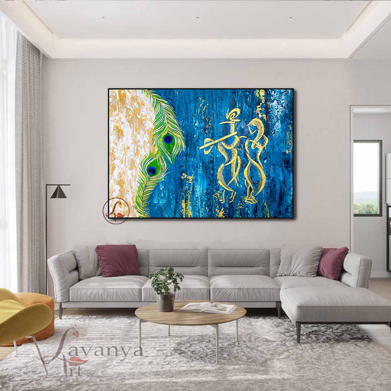 Original handmade Radha Krishna painting featuring textured contemporary Indian canvas art by Tejasvi Patel.