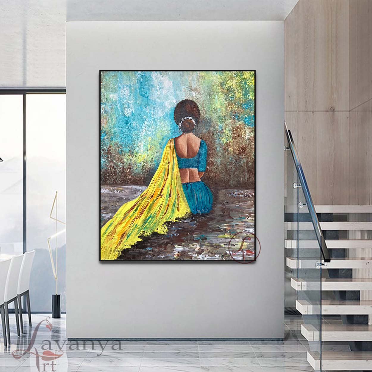 Handcrafted Rajasthani Woman paintings by Tejasvi Patel at Lavanya Art Studio add timeless Indian beauty to sophisticated modern spaces.