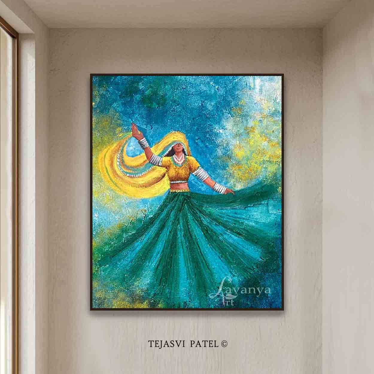 Shop original Rajasthani Woman & Ghoomar Dance Wall Art by Tejasvi Patel. Handmade textured Indian art from Lavanya Art Studio for modern homes.