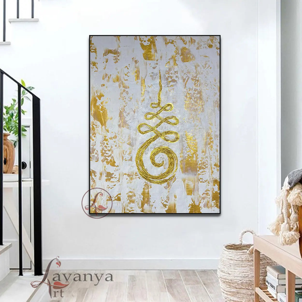 Unalome Sak Yant Painting | White Gold Buddhist Wall Art
