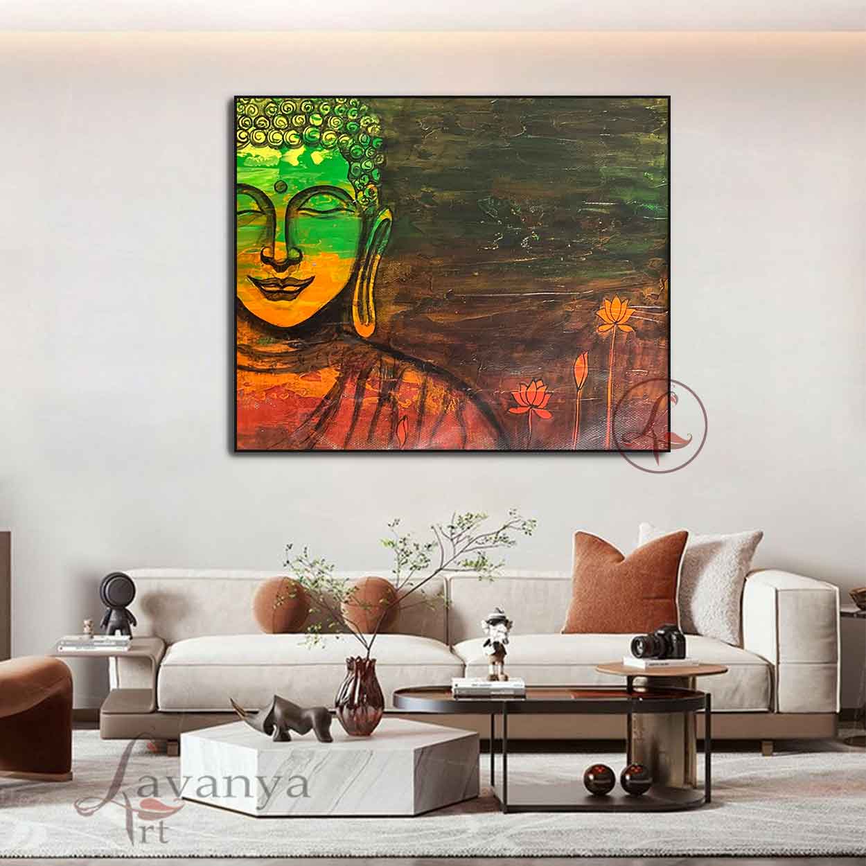 Original Buddha Indian art by Tejasvi Patel of Lavanya Art Studio adds peace, timeless beauty, and grace to luxurious contemporary interiors.