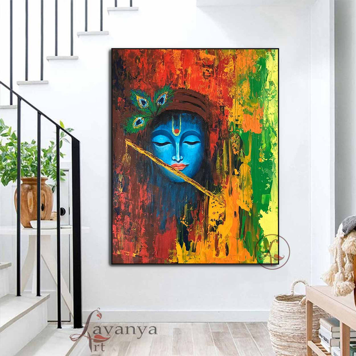Original Radha Krishna painting handmade on canvas with elegant textures and spiritual symbolism.