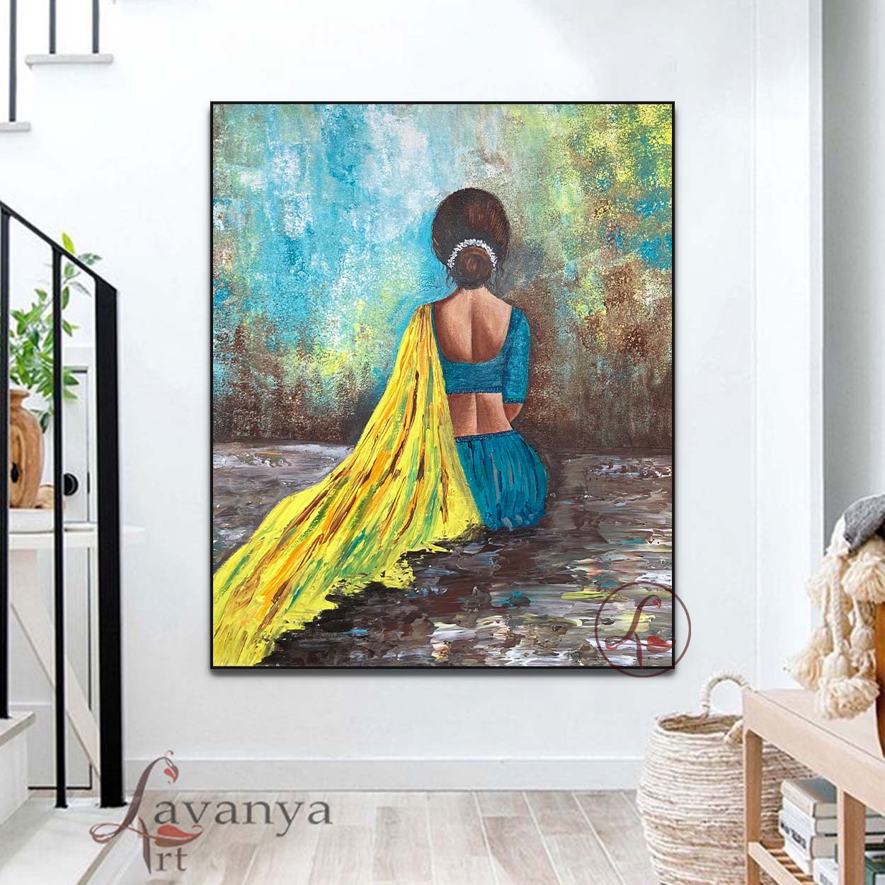 Elevate your home with handmade Rajasthani Woman Art by Tejasvi Patel at Lavanya Art Studio, crafted for luxurious contemporary interiors.