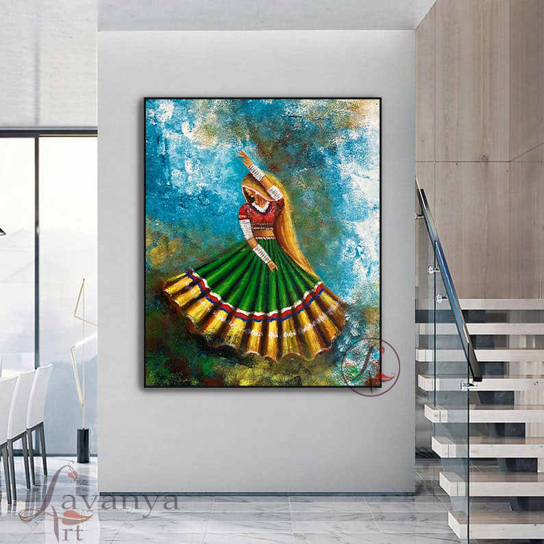 Discover Rajasthani Woman & Ghoomar Dance Wall Art by Tejasvi Patel at Lavanya Art Studio. Handmade textured Indian canvas paintings for elegant luxury interiors.
