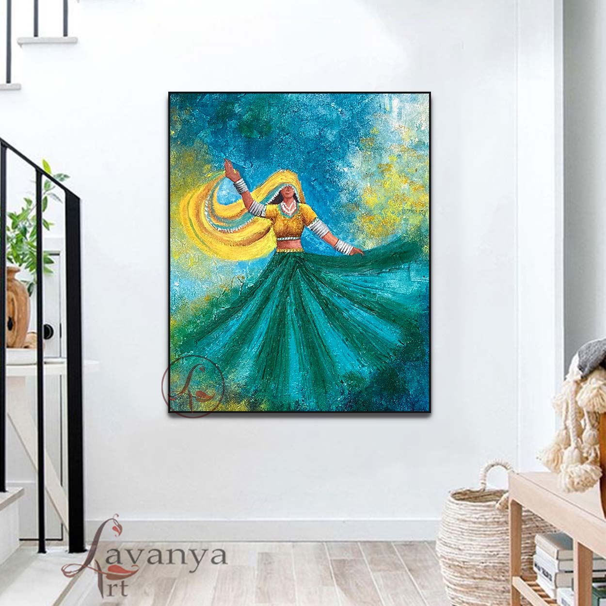 Celebrate Rajasthan's rich heritage with Rajasthani Woman & Ghoomar Dance Wall Art by Tejasvi Patel. Handmade textured Indian art for luxury decor.
