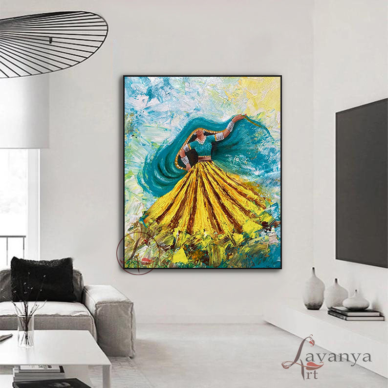 Ghoomar Dance Wall Art | Handmade Indian Woman Canvas Painting
