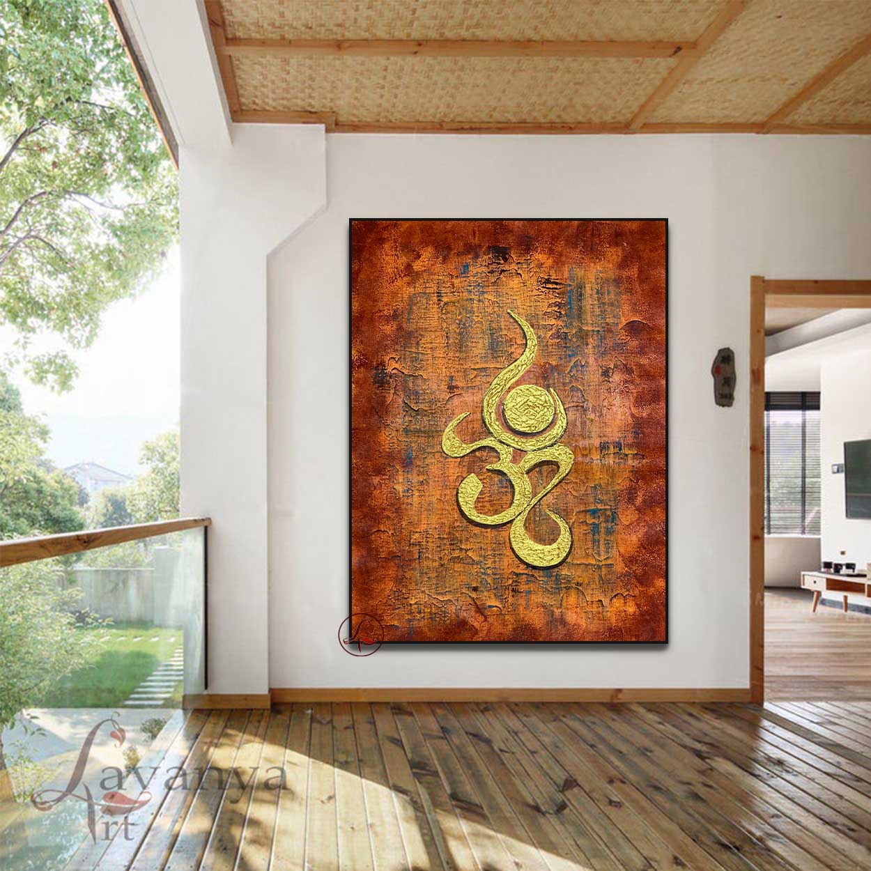 Sacred Om symbol painting handcrafted with luxurious textures and modern elegance.