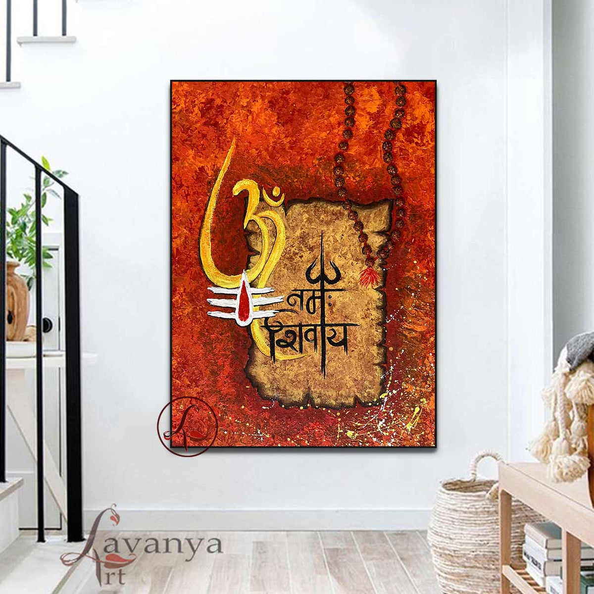 Handmade Shiva canvas painting featuring contemporary Indian art and rich textured details.