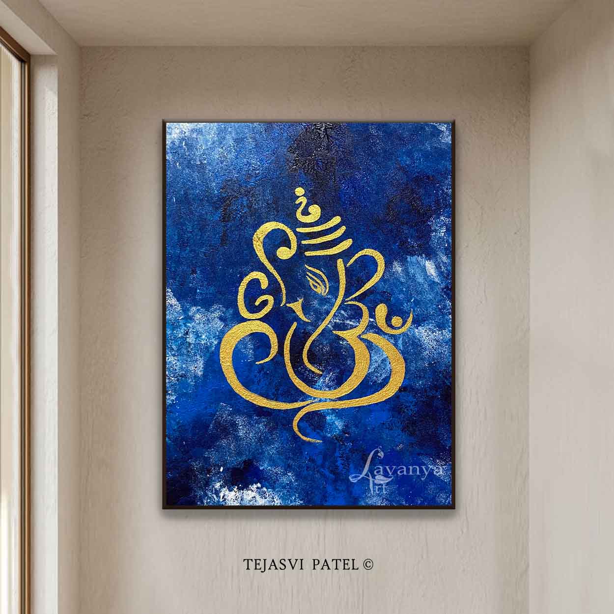 Blue Gold Ganesha Art | Handmade Indian Canvas Painting
