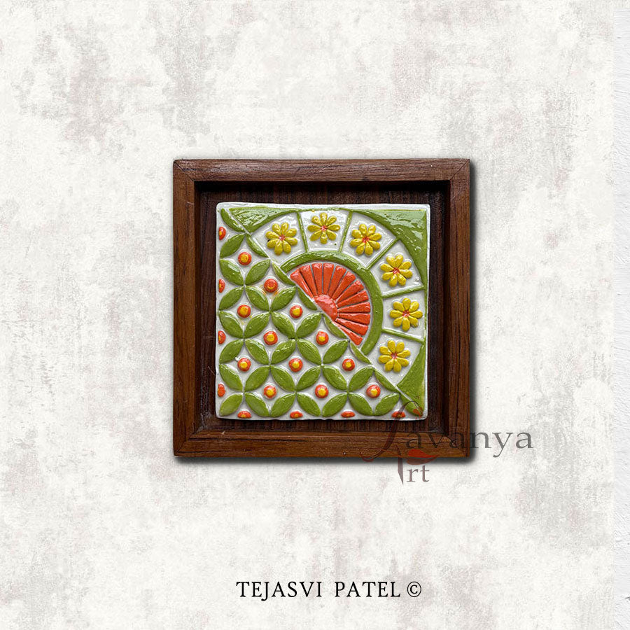 Handmade ceramic wall sculpture by Lavanya Art Studio showcases Indian art by Tejasvi Patel with textured art, beautifully framed in teak wood.