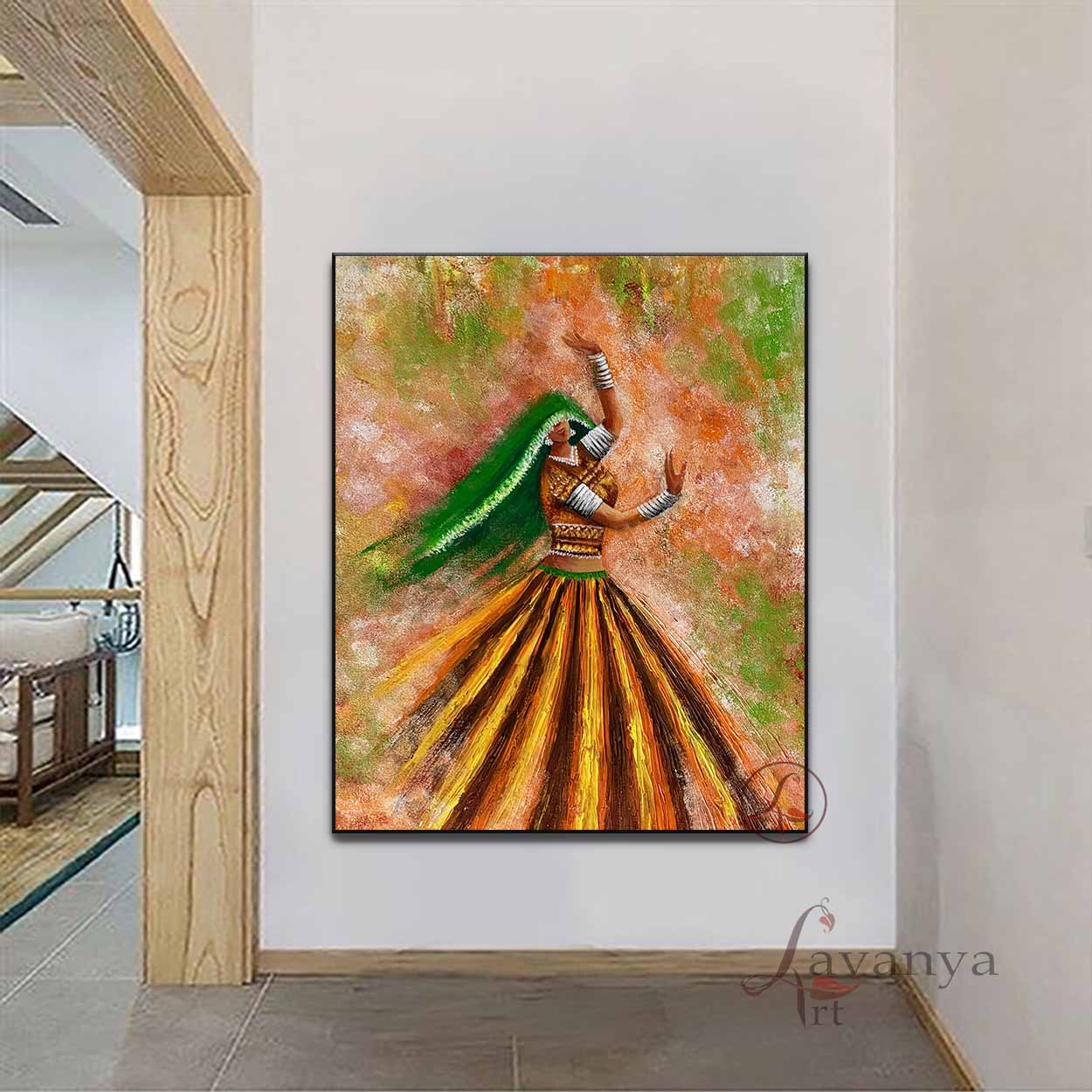 Explore handmade Rajasthani Woman & Ghoomar Dance Wall Art by Tejasvi Patel at Lavanya Art Studio. Original textured Indian canvas paintings.