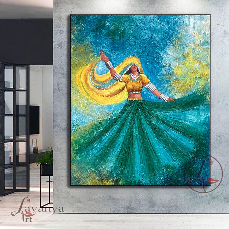 Explore handmade Rajasthani Woman & Ghoomar Dance Wall Art by Tejasvi Patel at Lavanya Art Studio. Original textured Indian canvas paintings.