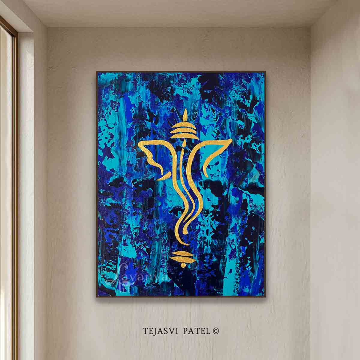 Discover handcrafted original abstract Ganesha painting by Tejasvi Patel of Lavanya Art Studio, inspired by Indian art and spiritual harmony.
