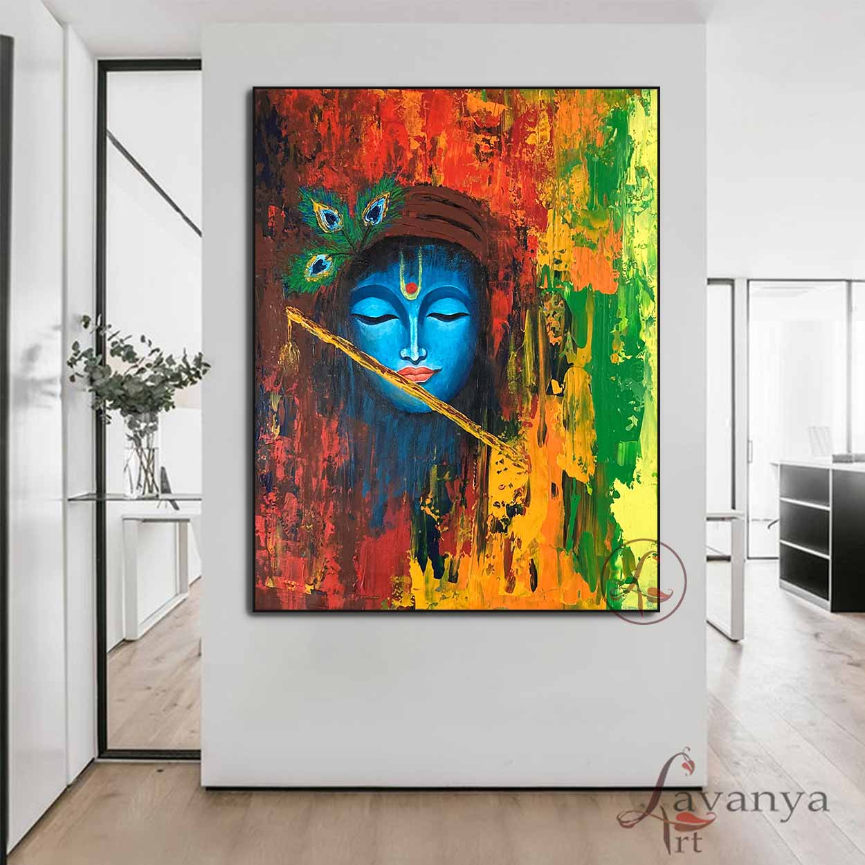 Luxury textured Krishna wall art handmade with premium acrylics for elegant interiors.
