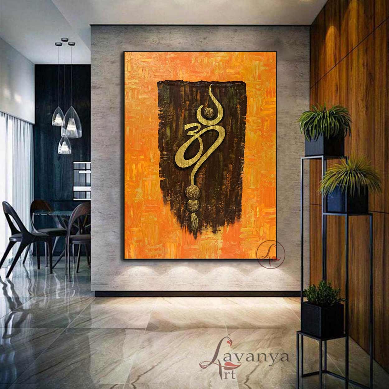 Luxury textured Om wall art handmade on canvas by Tejasvi Patel for elegant interiors.