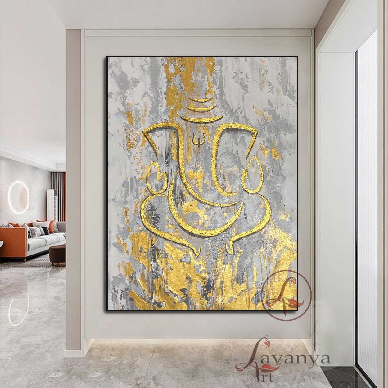 White and gold abstract Ganesha painting handcrafted with premium textures by Tejasvi Patel..