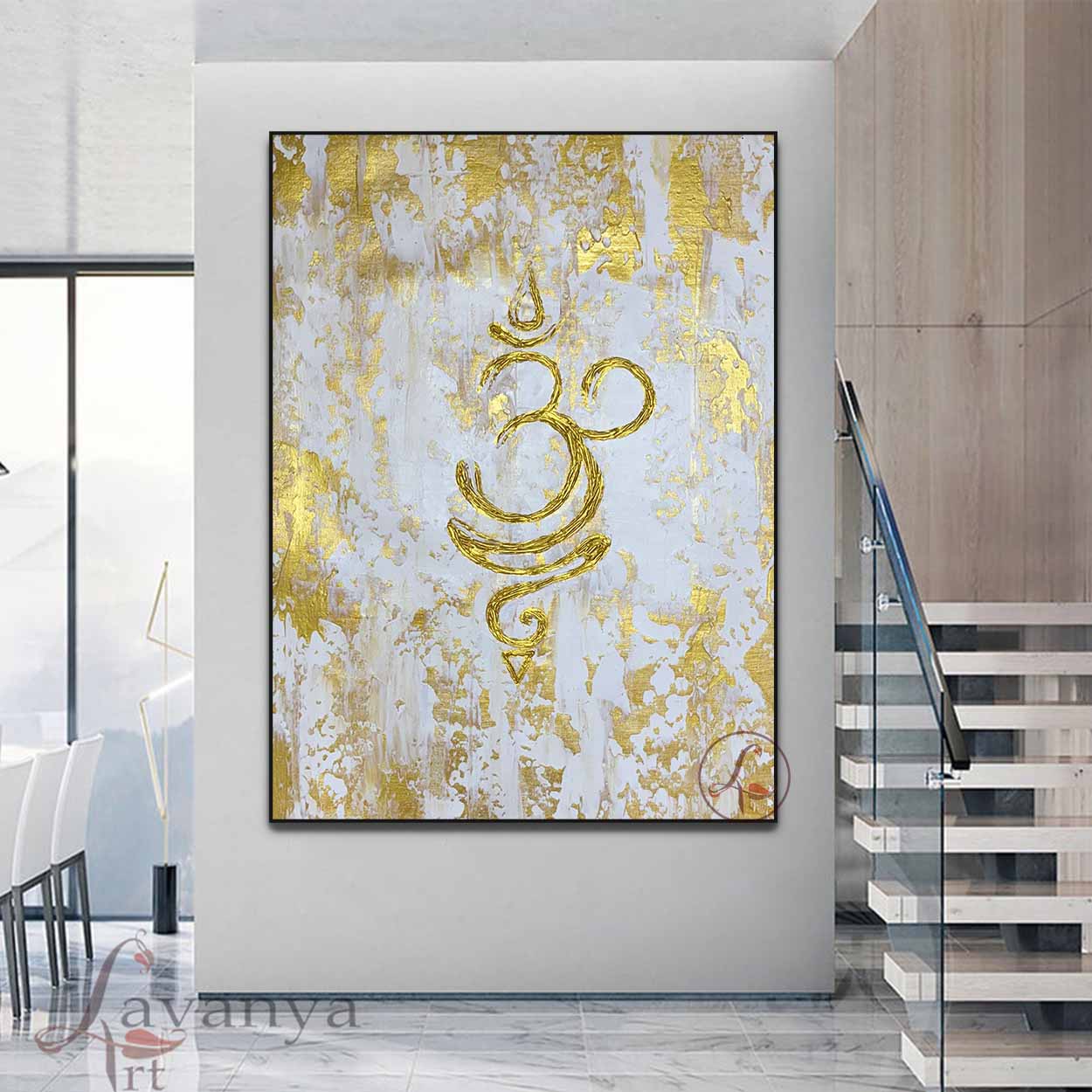 White and Gold Abstract Art | Om Painting