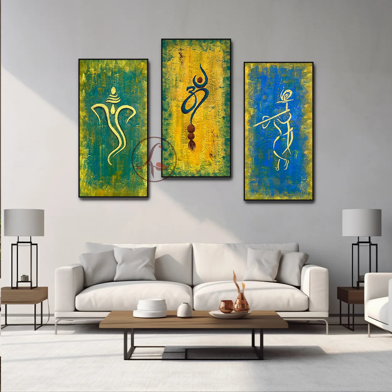 Modern Hindu Art Set of 3 | Ganesha Radha Krishna Om Abstract Canvas Paintings